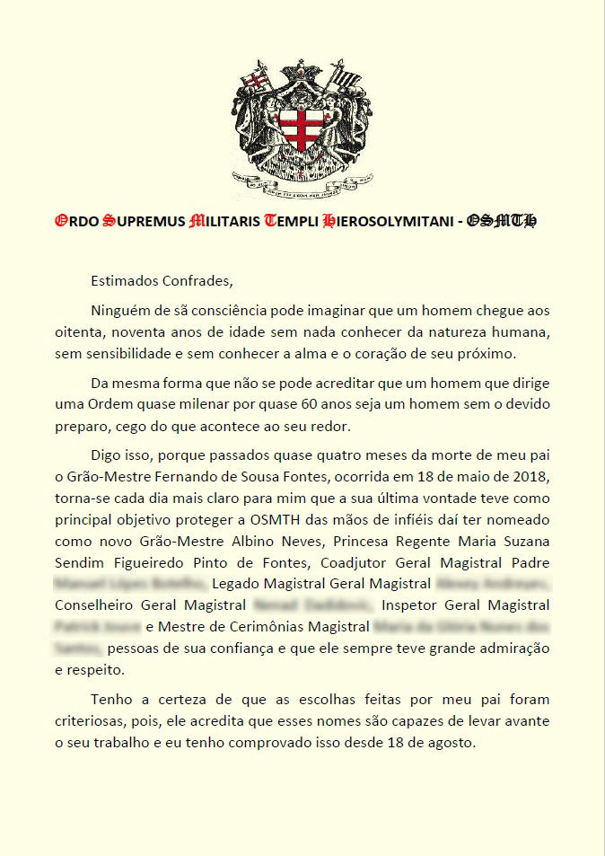 Testament Templier du 51ᵉ Grand Maître de notre Ordre et de l'OSMTH, Dom Fernando Pinto De Sousa Fontes