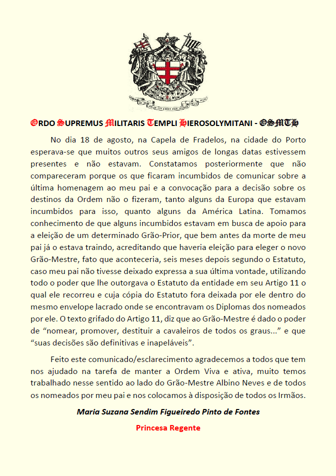 Testament Templier du 51ᵉ Grand Maître de notre Ordre et de l'OSMTH, Dom Fernando Pinto De Sousa Fontes