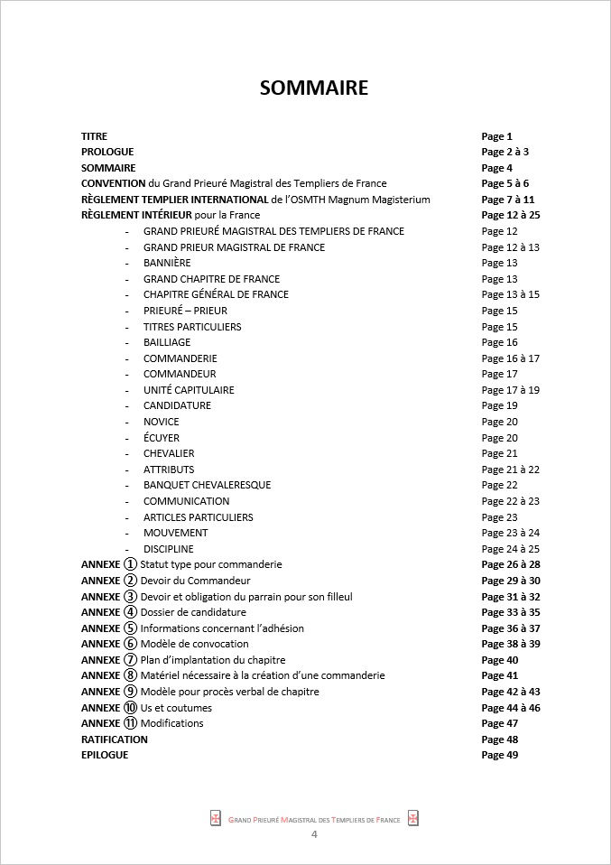 Sommaire du Règlement Général du Grand Pieuré Magistral des Templiers de France